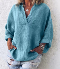 Loretta - Stylische V-Ausschnitt Loose Bluse – Blau