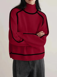 Pavekaya | Schicker zweifarbiger Colorblock-Pullover mit Rundhalsausschnitt für Damen – Dunkelrot