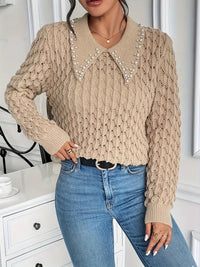 Dreithen | Stylischer unifarbener Pullover mit Perlenverzierungen – Khaki