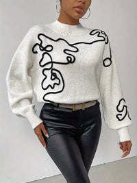 Dreilyth | Künstlerische Eleganz Mock Neck Pullover Abstraktes Muster – Weiß
