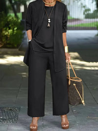 Fiona Sommeranzug | Eleganter dreiteiliger Damenanzug mit leichter Jacke, Hose und Top – Schwarz