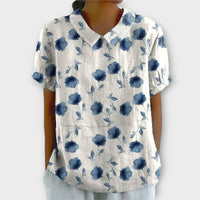 Lina | Blumenbluse aus Baumwolle und Leinen – Blau