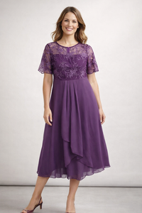 Beatrice | Zartes Spitzen Chiffon Midikleid – Lila