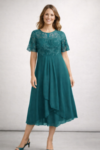 Beatrice | Zartes Spitzen Chiffon Midikleid – Türkis