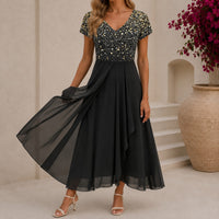 Beatrix | Florales Cocktail-Midikleid mit V-Ausschnitt – Gold Schwarz