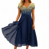 Beatrix | Florales Cocktail-Midikleid mit V-Ausschnitt – Goldblau