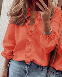 Beverly | Damen Rüschenshirt mit V-Ausschnitt und langen Ärmeln – Orange