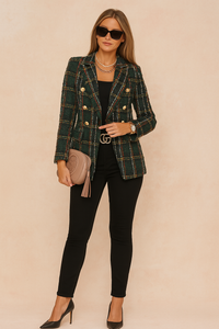 Brigitte | Damen Karierte Taillierte Blazer – Dunkelgrün