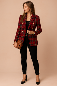 Brigitte | Damen Karierte Taillierte Blazer – Rot