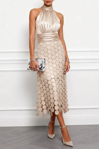 Céline | Halterneck Midi Kleid – Champagner