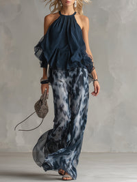 Élise | Elegantes und leichtes Set mit fließendem Oberteil und weiten Hosen – Marine