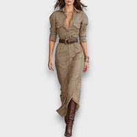 Marlene – Gestreiftes Maxikleid mit Kragen – Braun