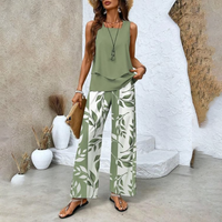 Lea™ Modische Zweiteilige Damen-Outfits mit bedrucktem ärmellosen Oberteil & Hose – Grünes Blatt