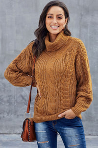 Grober Zopfmuster Pullover für Damen | Rollkragen – Gelb