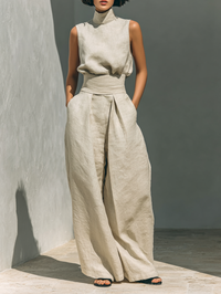 Carlotta | Ärmelloses Blusen Hosen Ensemble – Khaki