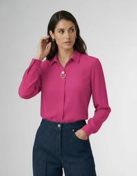 Elegante Langarm Bluse für Damen mit verdeckter Knopfleiste und dekorativer Schmuckspange – Lila