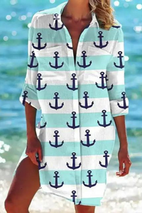 Cerena | Damen Strandbluse Hemdkragen Maritimer Print – Farbe 3