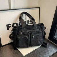 Nora | Cord Tote Bag Damen Schultertasche Mehrfachtaschen Reißverschluss – Schwarz