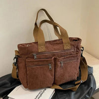 Nora | Cord Tote Bag Damen Schultertasche Mehrfachtaschen Reißverschluss – Braun