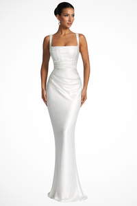 Mona | Damen Elegantes Square Neck Hochzeitsgäst Maxikleid – Weiß