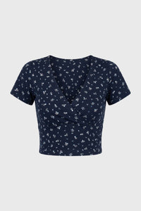Crop Top Damen - Wickel Stil | V-Ausschnitt mit kurzen Ärmeln – Blumen Marine