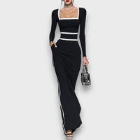 Salvinea – Figurbetontes Maxikleid mit quadratischem Ausschnitt – Schwarz