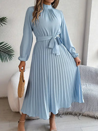 Sana | Damen Abend Plissierter Hochgeschlossener Midikleid – Blau