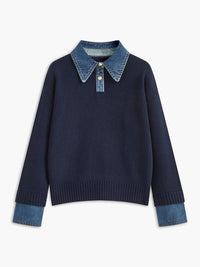 Amelie | Damen 2-in-1 Strick-Sweater mit Denim-Kragen und Metallknöpfen – Marine