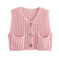 Damen Ärmellose Strickjacken mit V Ausschnitt und Knopfleiste – Rosa