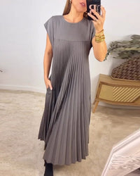 Damen Ärmelloses Plissee-Maxikleid mit Rundhals und Seitentasche – Grau