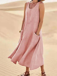 Damen Ärmelloses Midi-Kleid mit Rundhalsausschnitt und Fronttaschen – Rosa