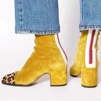 Lena | Damen Ankle Boots Velours Blockabsatz Leopardenmuster Kappe Reißverschluss – Gelb
