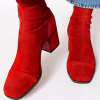 Lena | Damen Ankle Boots Velours Blockabsatz Leopardenmuster Kappe Reißverschluss – Rot