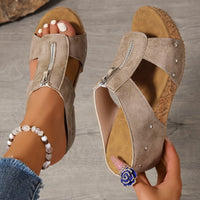 Katharina | Damen Bequeme Sandalen Keilabsatz Kork Plateau Offene Zehe Reißverschluss – Khaki