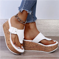 Marie | Damen Bequeme Sandalen Kork-Keilabsatz Zehentrenner Schleife – Weiß