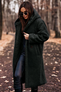 Damen bequemer Mantel mit Kapuze | Teddy – Schwarz