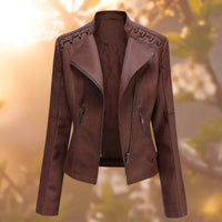 Elisabeth | Damen Bikerjacke Kunstleder Reißverschluss Schulterdetail – Dunkelbraun