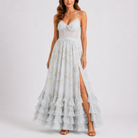 Luisa | Damen Blumen Korsett Maxi Kleid Hochzeitsgast Herbst Abendkleid – Blau