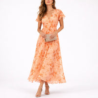 Clara | Damen Blumen Maxi Hochzeitsgast Kleid Fließend V-Ausschnitt – Orange