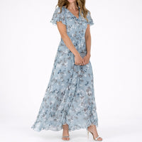 Clara | Damen Blumen Maxi Hochzeitsgast Kleid Fließend V-Ausschnitt – Blau