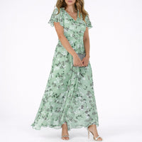 Clara | Damen Blumen Maxi Hochzeitsgast Kleid Fließend V-Ausschnitt – Grün