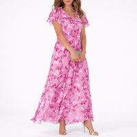Clara | Damen Blumen Maxi Hochzeitsgast Kleid Fließend V-Ausschnitt – Rosa