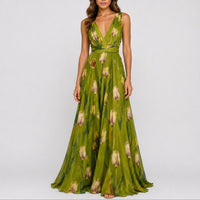 Annika | Damen Blumen Maxi Hochzeitskleid Gast tief V-Ausschnitt Chiffon – Grün