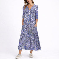 Clara | Damen Blumen Midi Kleid für Hochzeitsgäste im Herbst V-Ausschnitt – Blau