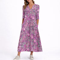 Clara | Damen Blumen Midi Kleid für Hochzeitsgäste im Herbst V-Ausschnitt – Lila