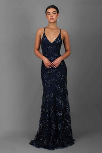 Damen Bodenlanges Kleid mit V-Ausschnitt Spaghettiträgern und Paillettenbesatz – Dunkelblau