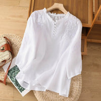 Elisabeth | Damen Bohemian Bluse mit Blumenstickerei Rüschenkragen Puffärmeln – Weiß