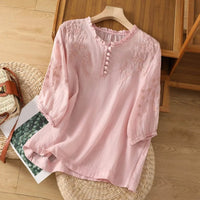 Elisabeth | Damen Bohemian Bluse mit Blumenstickerei Rüschenkragen Puffärmeln – Rosa