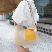 Emilia | Damen Canvas Tote Bag Schultertasche Farbblock PU-Leder – Beige