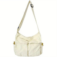 Marie | Damen Canvas Tote Bag Vintage Umhängetasche mit Außentaschen – Weiß